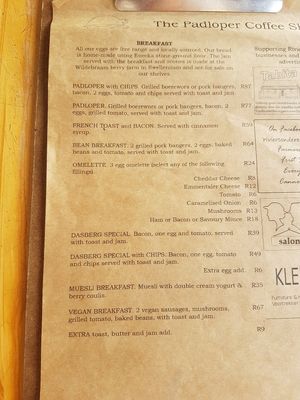 Menu (03/2019) at The Padloper in Riviersonderend