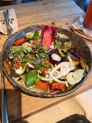 Secret Caesar bowl, veggie lasagna & seasonal grilled veggies   at Honest Greens - Plaça Catalunya in Barcelona