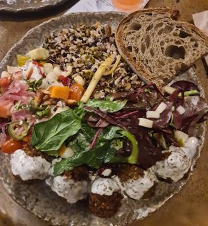 Falafel, coconut rice side and plant ceviche side. at Honest Greens - Plaça Catalunya in Barcelona