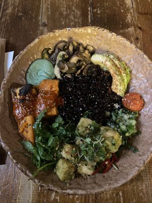 Wild Mediterranean bowl with black rice and extra tofu  at Honest Greens - Plaça Catalunya in Barcelona