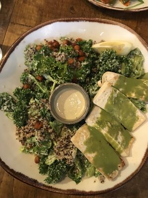 Kale caesar salad with quinoa and tofu + plant-based dressing at Honest Greens - Plaça Catalunya in Barcelona
