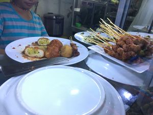 “Telur” or “egg” is potato-stuffed tofu.  at Berkah Vegan in Dalung