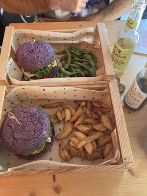 Flower burgers with edamame and fries at Flower Burger in Verona