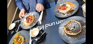 Pancake with oreo's, maple syrup and buttercream. Pancakes with protein powder, peanut butter, banana, strawberries and chocolate chips. Savory pancake with lots of grilled vegetab at Mr NonNo in Rotterdam