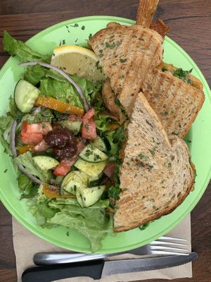Végépâté sandwich with salad and chips sides.  at Clementine Cafe and Deli in Moncton