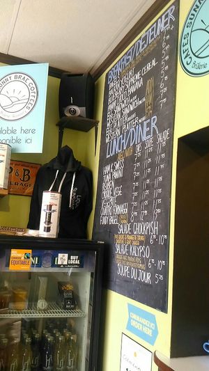 Menu. Salads can be made vegan, soups are normally vegan and the vege pate sandwich can be made vegan. at Clementine Cafe and Deli in Moncton