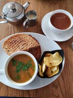 Cup of Chunky veg soup with cheese & tomato toastie... at The Bluebird Café by the Lake in Coniston