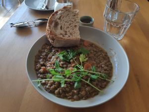 Lentil goulash with sourdough bread at Szünet in Pecs