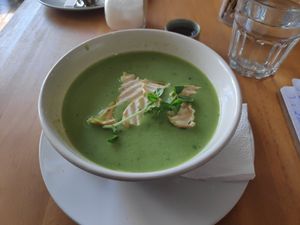 Pea soup (served cold) at Szünet in Pecs