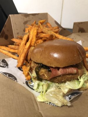 Original Chic’n Fillet Burger with Baecon, Jalapeños and Sweet Potato Fries  at VGN Boulevard in Stourbridge