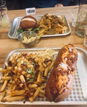 Chilli dog and baecon cheese burger, both with loaded fries  at VGN Boulevard in Stourbridge