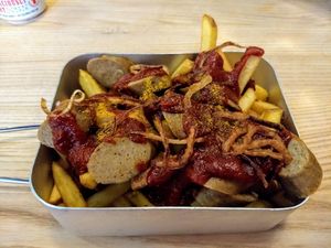 Currywurst and loaded fries at VGN Boulevard in Stourbridge