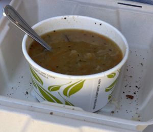 Cup of chickenless soup   at Whole Harvest in Saratoga Springs
