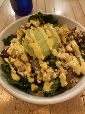 Vegan breakfast bowl with added vegan sausage at Whole Harvest in Saratoga Springs