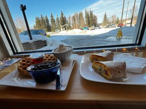 Just egg burrito and ask for no egg/oatmilk waffle! Berries are worth the extra money😄 at Little Owl Cafe in Fairbanks