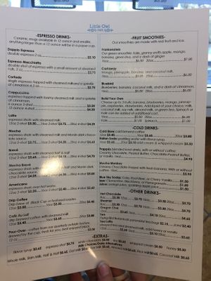Drink menu at Little Owl Cafe in Fairbanks