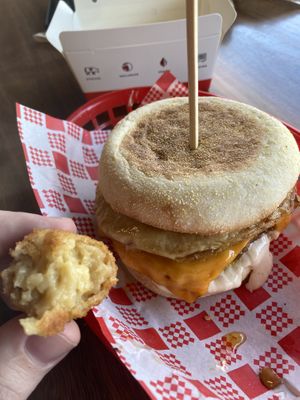 Vegan sausage breakfast sandwich and a Mac and cheese ball. Both very tasty.  at Lord of the Fries in Newtown