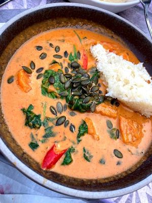 Thai red curry with pumpkin and spinach, with sticky rice at Chaophraya in Leeds