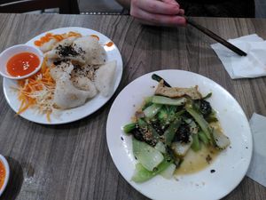 fried dumplings (left) and fried vegetables with garlic (right) at Chay Corner in Da Nang
