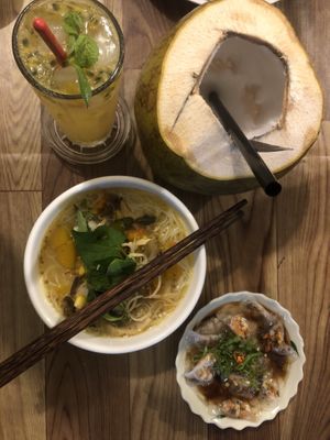 Passion fruit soda, noodle soup and dumplings. Yum! at Chay Corner in Da Nang