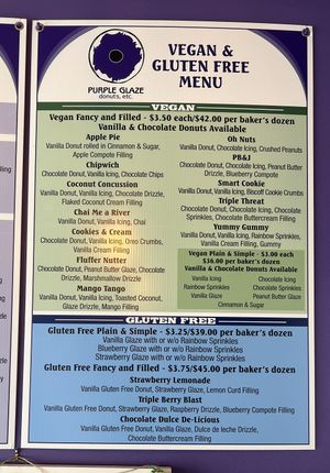 vegan menu   at Purple Glaze Donuts etc in Asbury Park