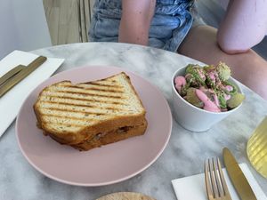 Main plate Grouti. Sandwich with vegan cheese and potato salad   at Nymphea in Porto-vecchio