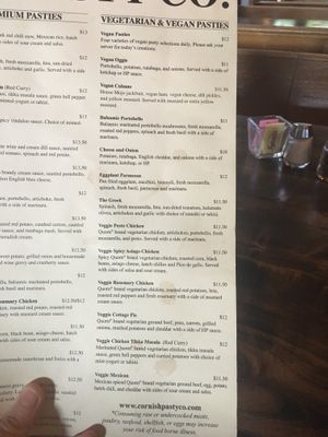 Huge Vegetarian Menu at Cornish Pasty Co in Flagstaff