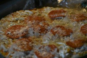 ice crystals over old pizza they sold me. at Center Market in Borrego Springs