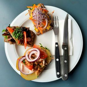 From top to bottom: chickpea salad, mushroom salad, potato at Lillians Smørrebrød in Copenhagen