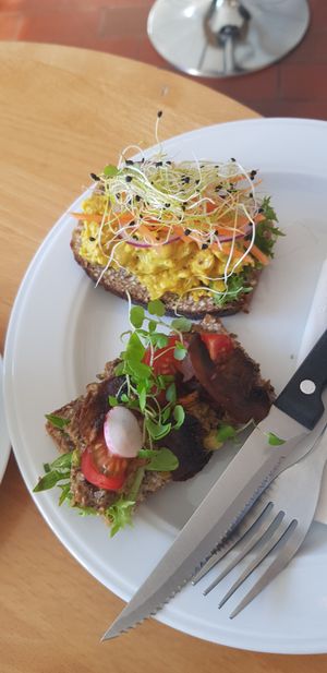 Mushroom salad Smørrbrød on the bottom - above also chickpea salad at Lillians Smørrebrød in Copenhagen