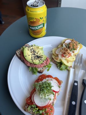 Potato, beetroot hummus and tomato   at Lillians Smørrebrød in Copenhagen