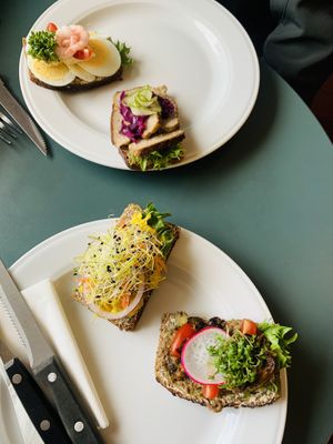 Below: chickpea salad, mushroom salad at Lillians Smørrebrød in Copenhagen
