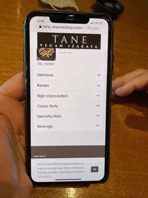 Menu at Tane Vegan Izakaya in Honolulu