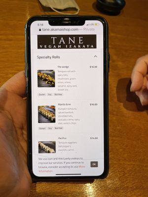 Menu at Tane Vegan Izakaya in Honolulu