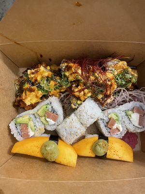 The wedge (top row) Philadelphia roll (the middle) mango roll ( the bottom)  at Tane Vegan Izakaya in Honolulu