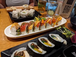 1 special roll (center) and 2 classic rolls at Tane Vegan Izakaya in Honolulu