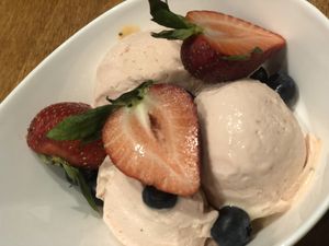 Watermelon lycee ice cream  at Tane Vegan Izakaya in Honolulu