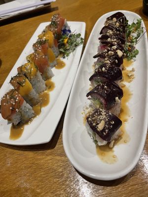 Left to Right- Kailua Roll: Ginger shoyu tomato, pickled mango, sweet mustard shoyu, shiso, shiitake, asparagus, wasabi mustard, rice crackers. Leahi Roll: (ran out of space here)  at Tane Vegan Izakaya in Honolulu