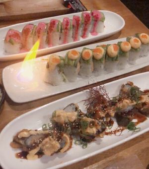 the presentation🤍 leahi, sunset, and wedge specialty rolls  at Tane Vegan Izakaya in Honolulu