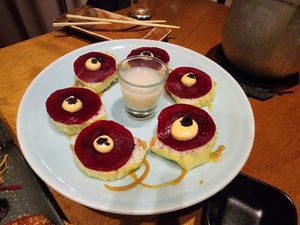Very unusual and complex beet sushi - highly recommend for the adventurous palate at Tane Vegan Izakaya in Honolulu