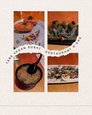 Tomato Nigiri, Miso soup, paradise cove, and makaha at Tane Vegan Izakaya in Honolulu