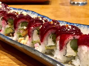 Le’ahi - smoked beets, cashews, creamy tofu, asparagus, avocado, sweet mustard, and orange zest.  at Tane Vegan Izakaya in Honolulu