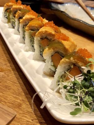 Pokai - Sweet potato tempura, avocado, spicy tofu, roasted bell pepper, sesame mustard, and seaweed pearls  at Tane Vegan Izakaya in Honolulu