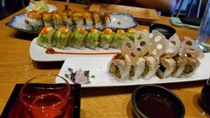 From behind, point Reyes, sunset and Manilla Dune rolls at Tane Vegan Izakaya in Honolulu