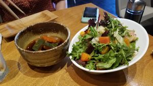 Left Chilled Oden, and beet salad at Tane Vegan Izakaya in Honolulu