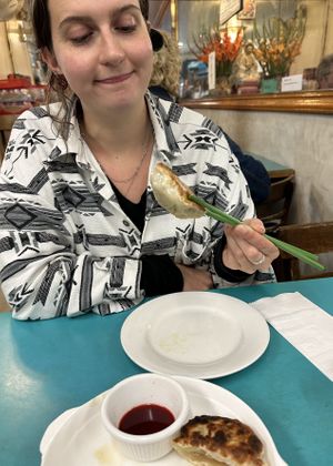Enjoying the huge potstickers!  at Lucky Creation Vegetarian in San Francisco