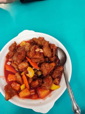 Imitation pork sweet and sour at Lucky Creation Vegetarian in San Francisco