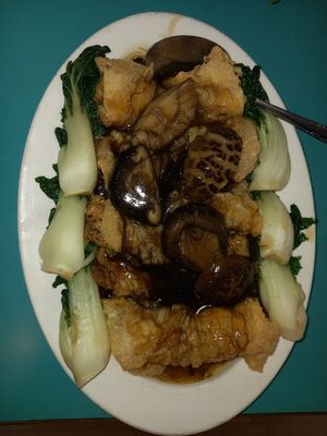 Bean cake with black mushrooms at Lucky Creation Vegetarian in San Francisco