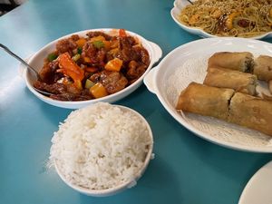 Sweet & sour pork and steamed rice  at Lucky Creation Vegetarian in San Francisco