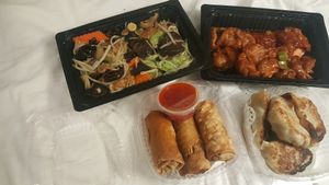 Lucky Chow Mien, Sweet and Sour ";pork";, spring rolls and potstickers at Lucky Creation Vegetarian in San Francisco